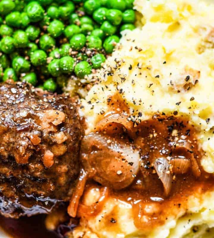 British Meatballs "Faggots" with Mashed Potatoes, Gravy, and Green Peas