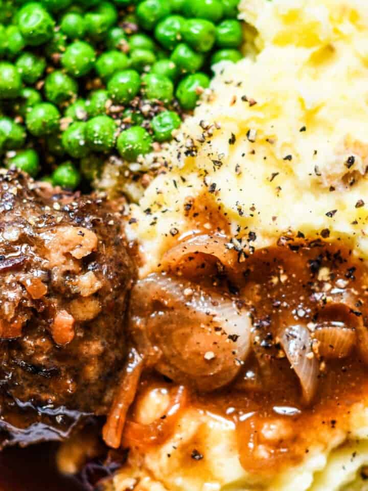 British Meatballs with Mashed Potatoes, Onion Gravy, and Peas