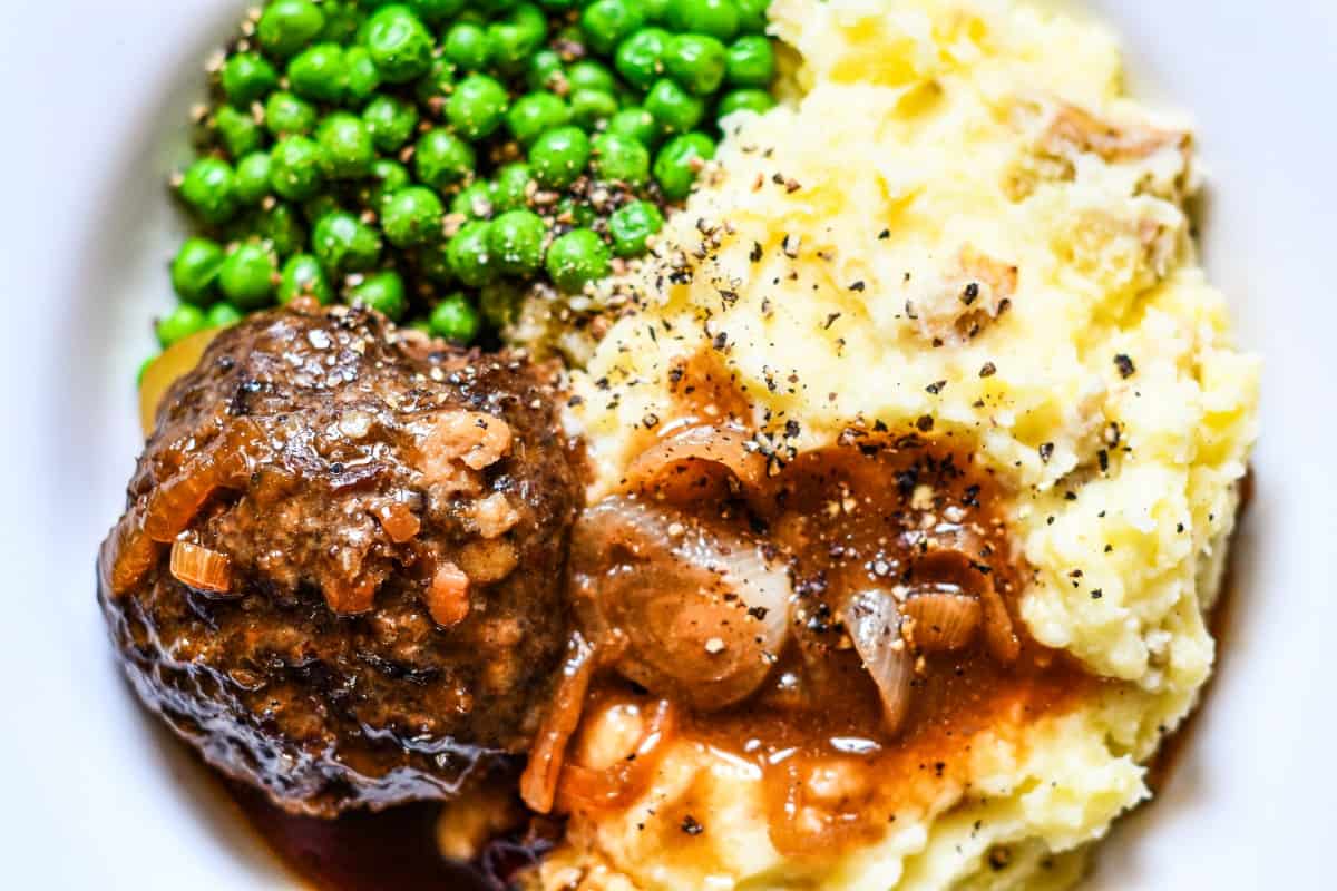 British Meatballs "Faggots" with Mashed Potatoes, Gravy, and Green Peas