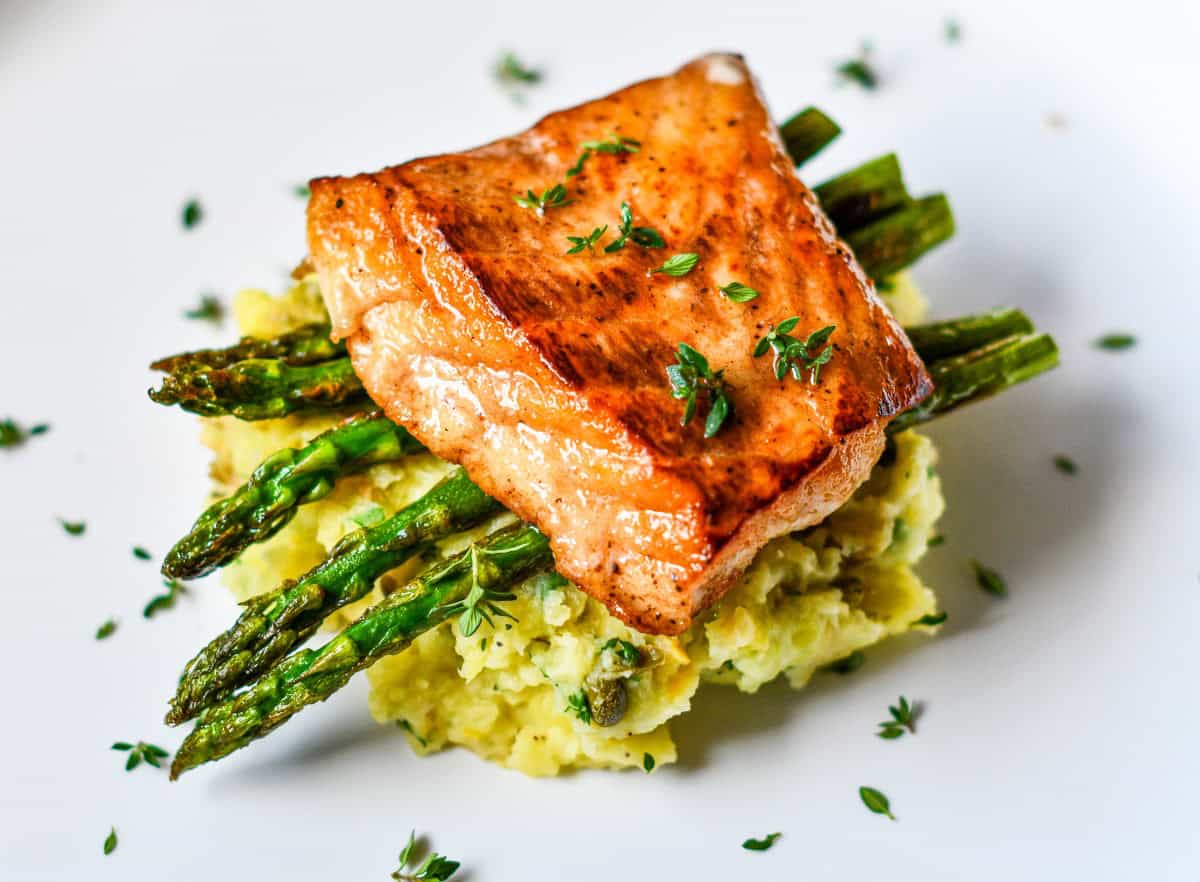 Pan Seared Redfish with Pomme Puree with Asparagus