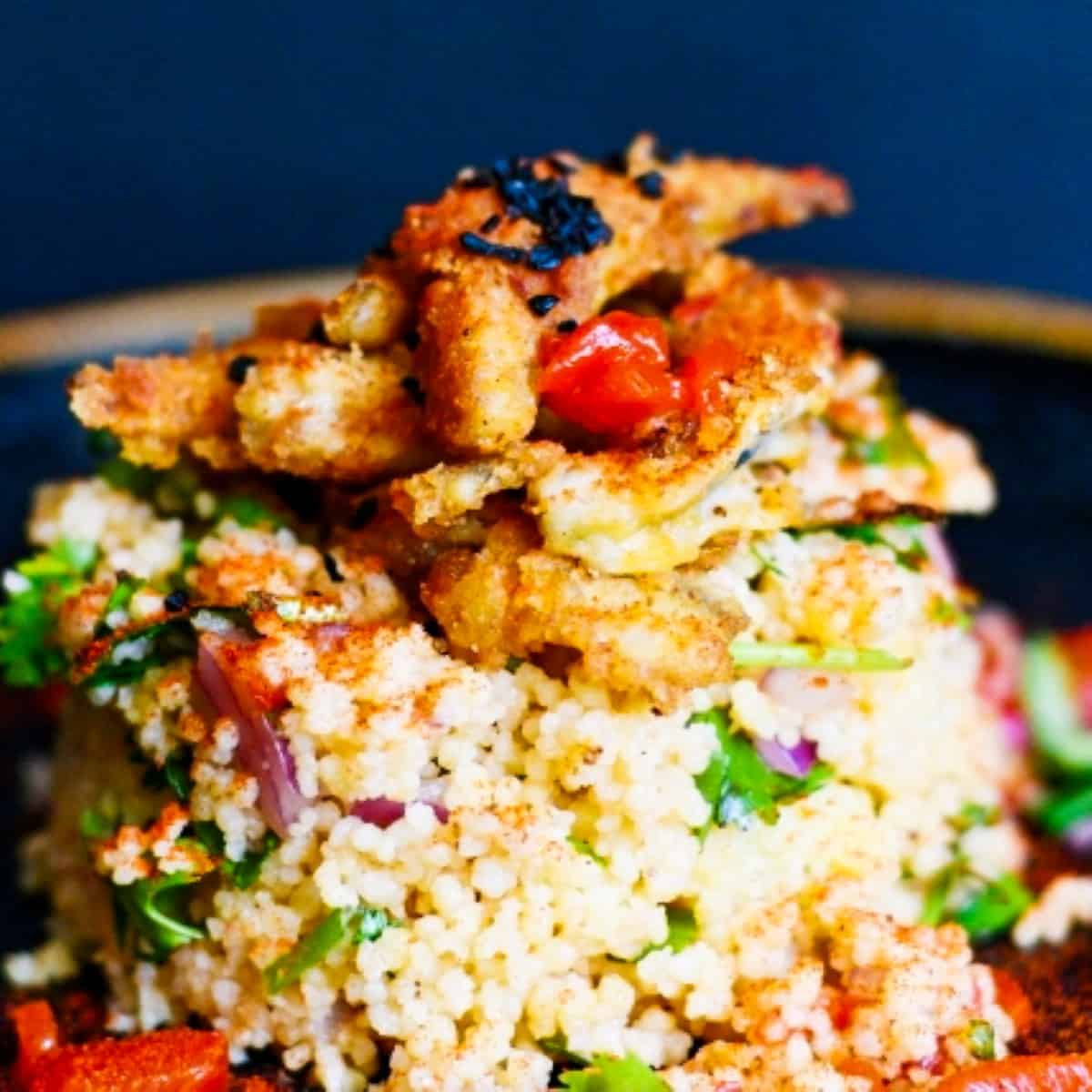 Harissa and Honey Fried Smelt Fish Fry with Red Pepper Couscous by Jeff Benda