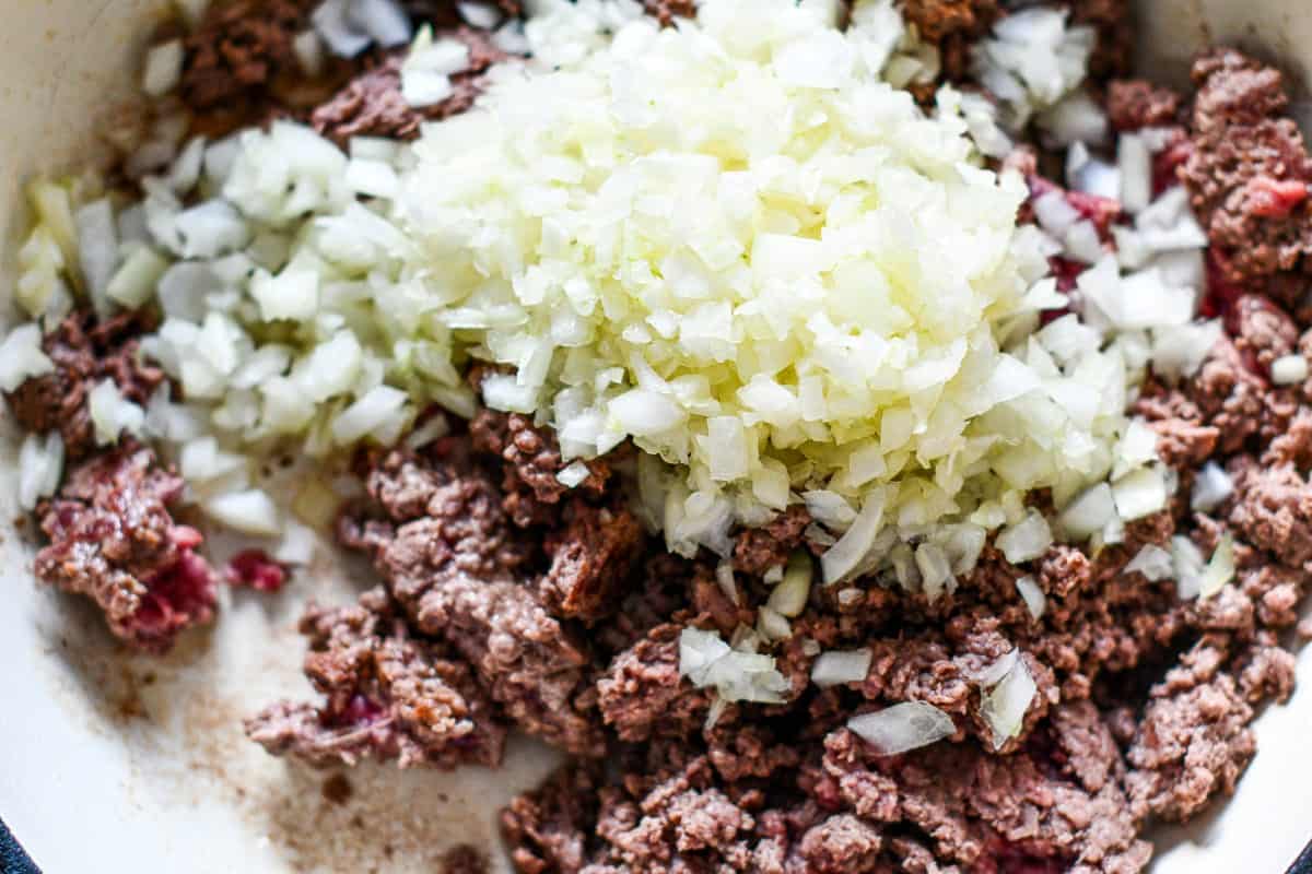 Ground Venison with diced onion by Jeff Benda