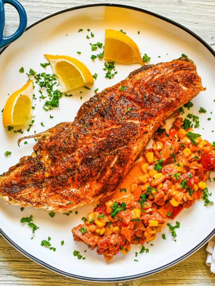 Baked Redfish on the Half Shell with Maque Choux Recipe by Jeff Benda