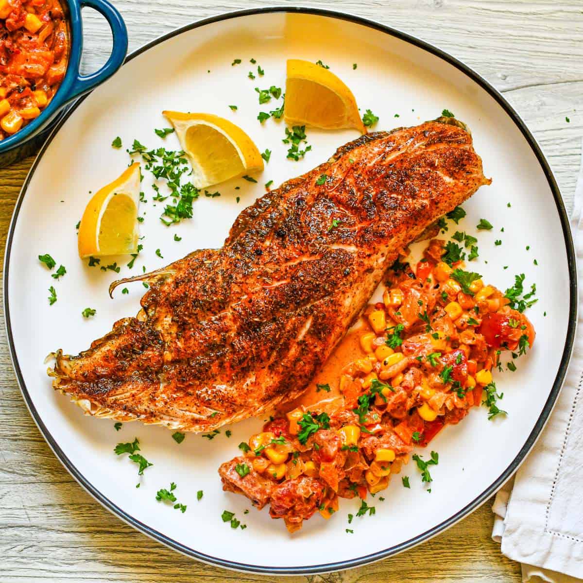Baked Redfish on the Half Shell with Maque Choux Recipe by Jeff Benda