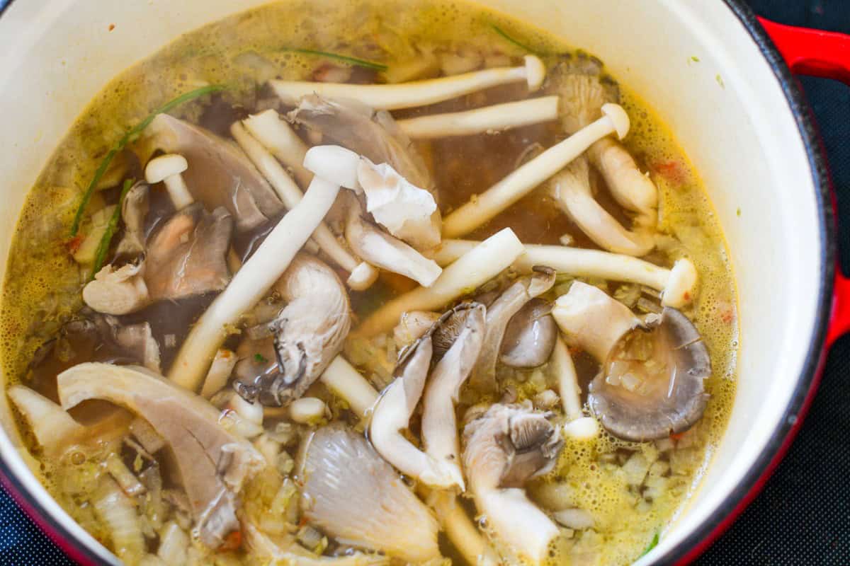 Oyster Mushrooms and Snow White Mushrooms in Thai Hot and Sour Soup Broth