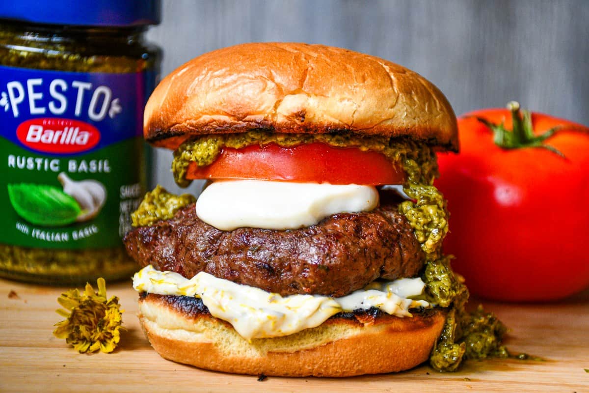 Caprese Pesto Burger with Dandelion Flower Mayo