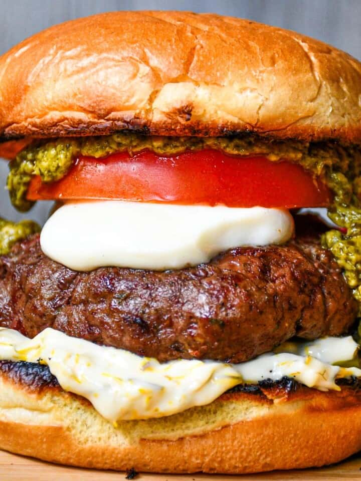 Caprese Pesto Burger with Dandelion Flower Mayonnaise