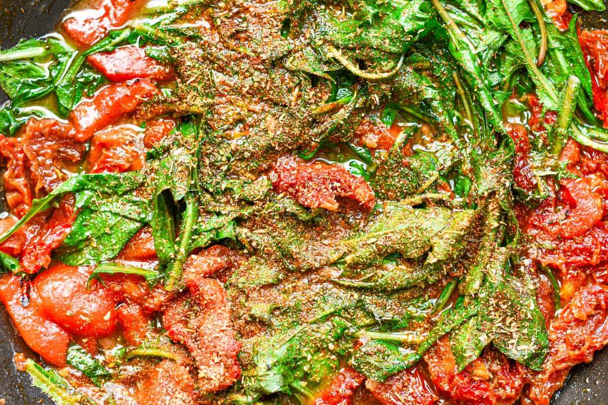 Dandelion Greens with Sun Dried Tomatoes and Roasted Red Peppers & Seasonings