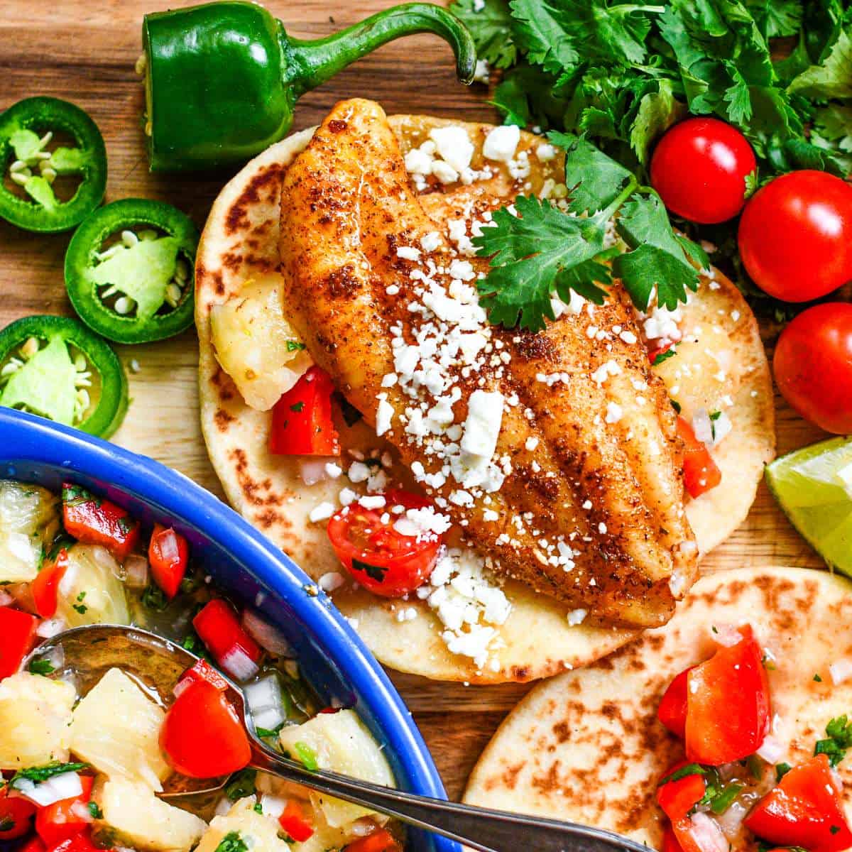 Blackened Catfish Tacos with Pineapple Pico de Gallo Salsa