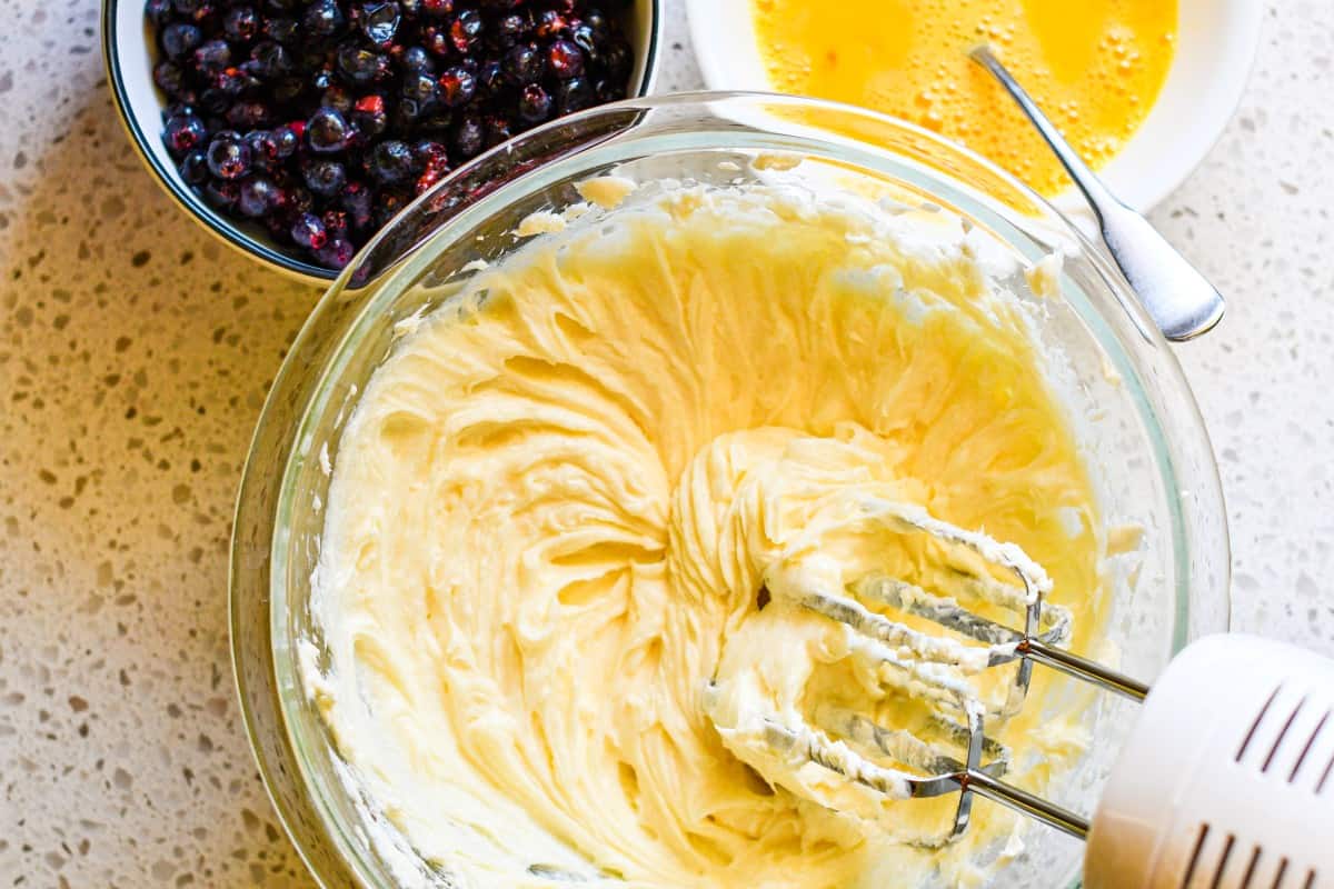 Beaten Cream Cheese and Sugar for New York Style Cheesecake