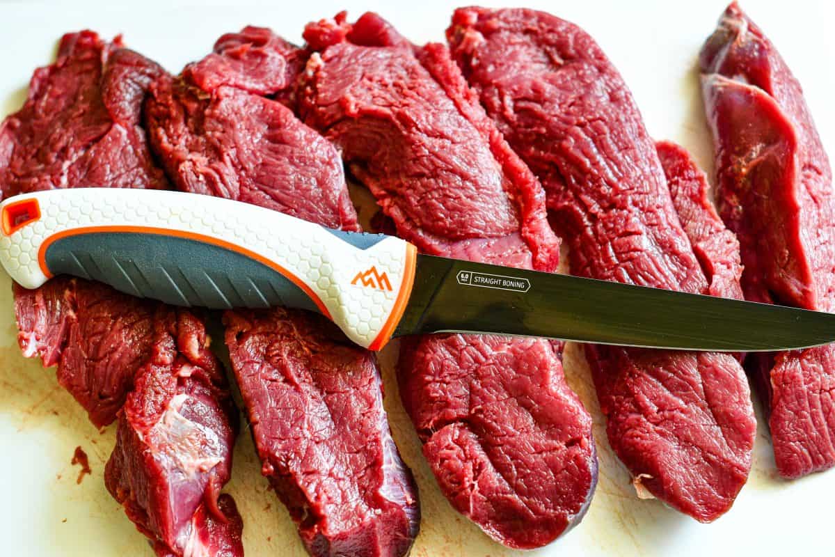 Venison Top Round Steak sliced with Outdoor Edge Knife for Venison Kabobs