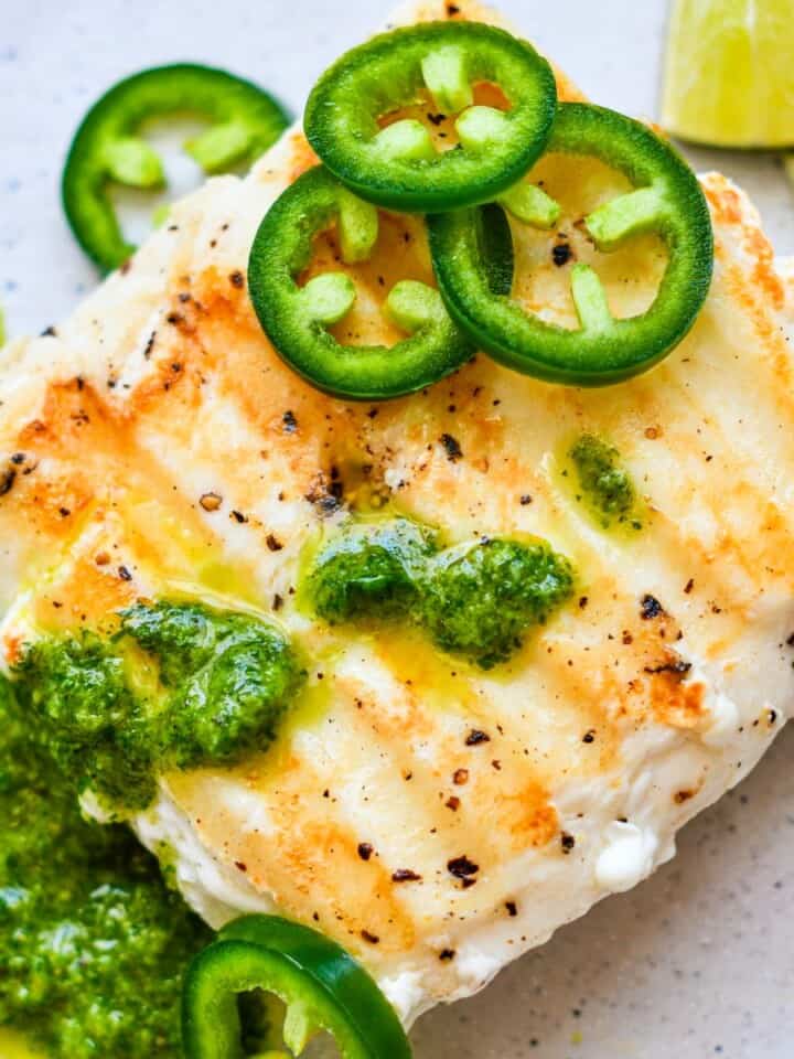 Grilled Halibut Steaks with Cilantro-Lime Sauce by Jeff Benda