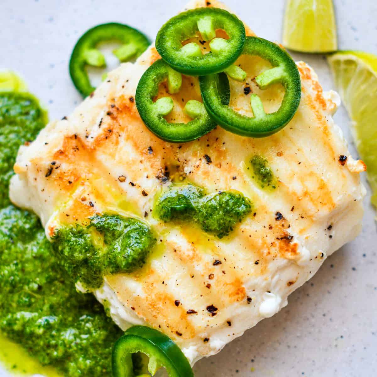 Grilled Halibut Steaks with Cilantro-Lime Sauce by Jeff Benda