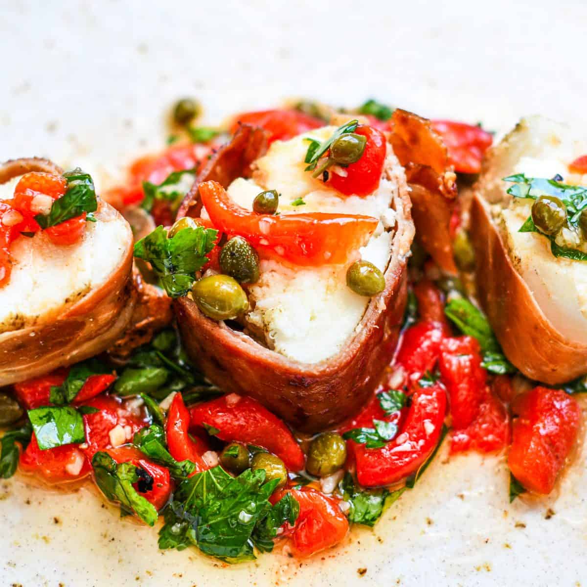 Prosciutto Wrapped Halibut Recipe with Roasted Red Pepper Sauce by Jeff Benda