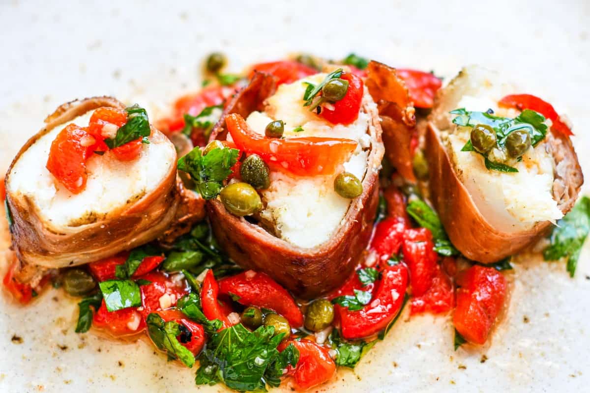 Prosciutto Wrapped Halibut with Roasted Red Pepper Sauce by Jeff Benda