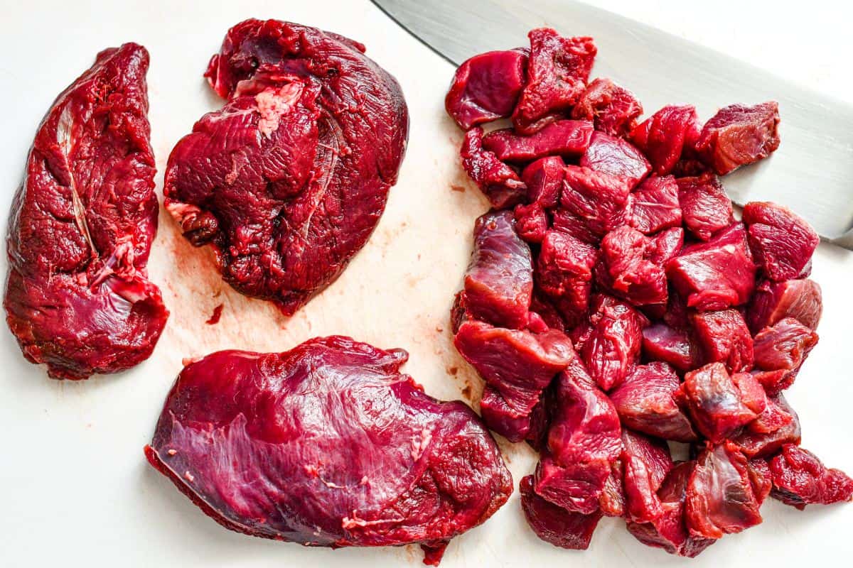 Gadwall Duck Breast cut into 1-inch pieces with Chef Knife