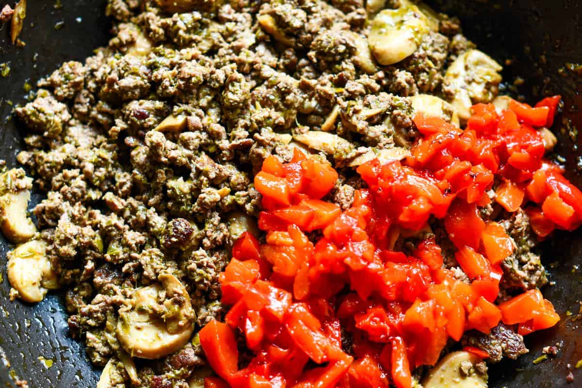 Ground Venison with Mushrooms Basil Pesto Roasted Red Peppers