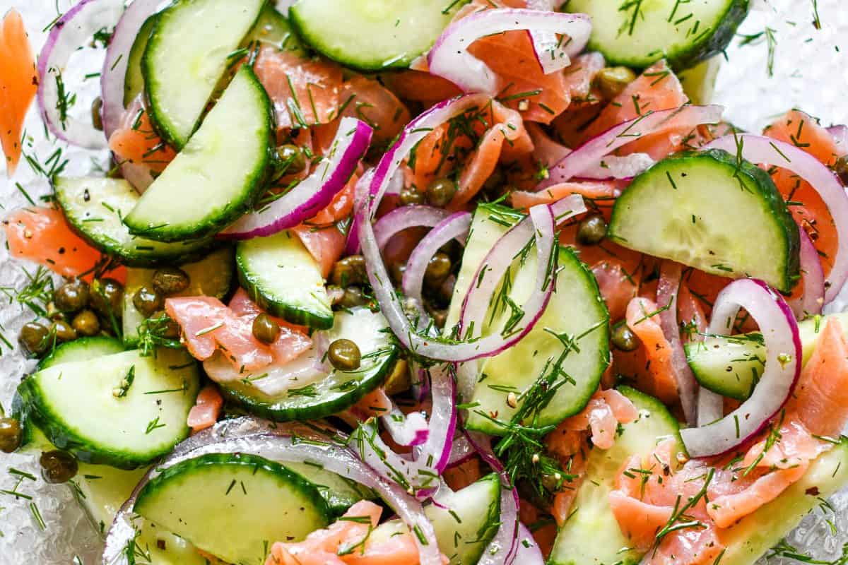 Cucumber Red Onion Smoked Salmon with Oil Capers Dill