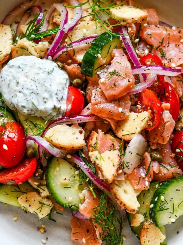 Smoked Salmon Salad with Bagel Chip Croutons and Greek Yogurt Dill Sauce