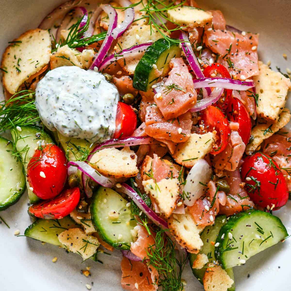 Smoked Salmon Salad with Bagel Chip Croutons and Greek Yogurt Dill Sauce