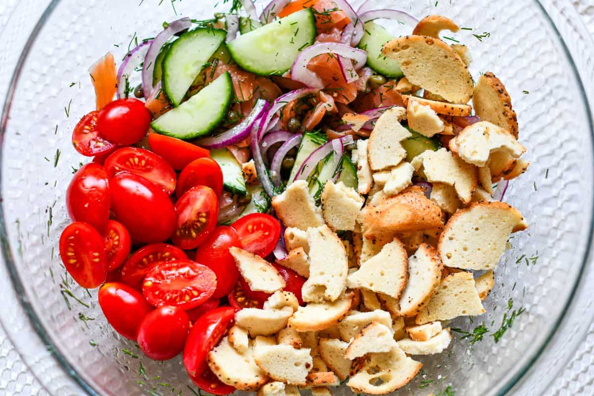 Smoked Salmon Salad with Bagel Chip Croutons in Bowl