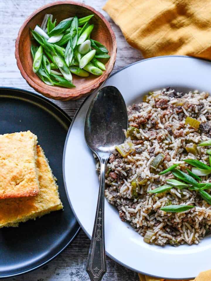 Deer Liver Dirty Rice with Cornbread and Green Onions