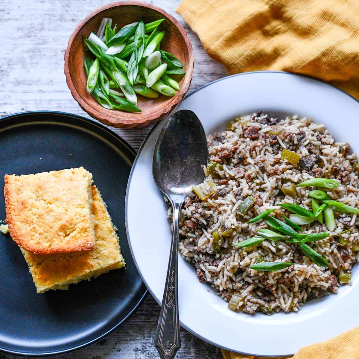 Deer Liver Dirty Rice with Cornbread and Green Onions