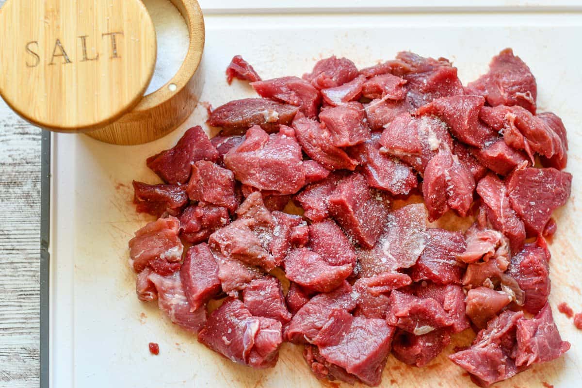 Cubed Venison Roast with Kosher Salt for Pumpkin Chili